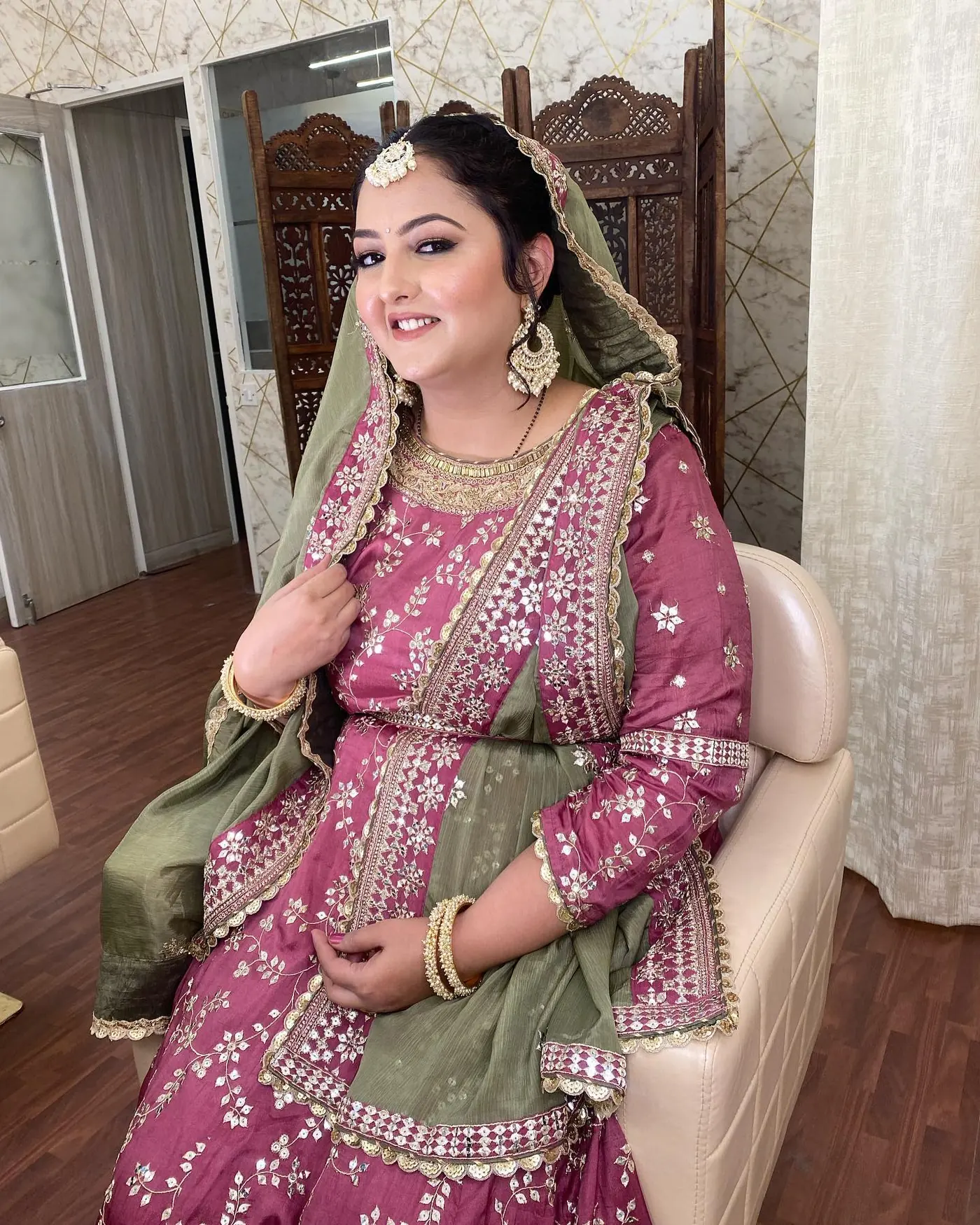Mauve Lehenga, Sage Green Dupatta. Bridal makeup by Madhu Gupta at MG Makeovers, Gurugram